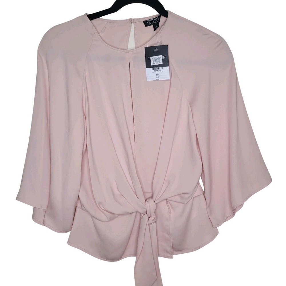 Topshop Blush Pink Front Tie Peplum Back Keyhole Detail Top Womens Sz 2 Coquette